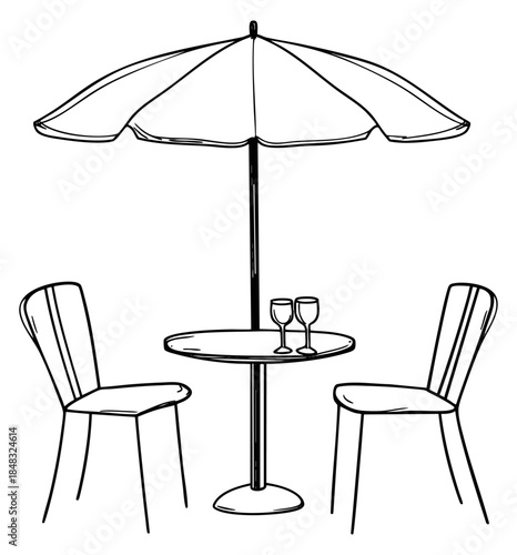 Simple outdoor table with umbrella and glasses black and white line art