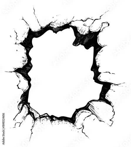 Vintage cracked wall hole sketch vector illustration