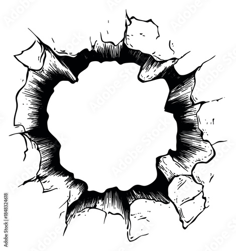 Broken hole in wall illustration black and white line art