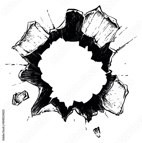 Broken wall hole icon set with shattered bricks hand drawn outline illustration