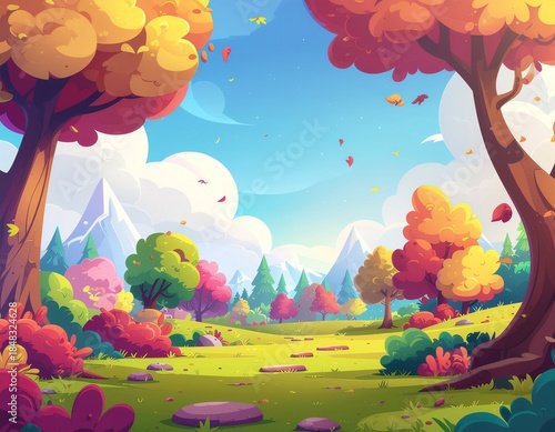 autumn landscape with trees and birds