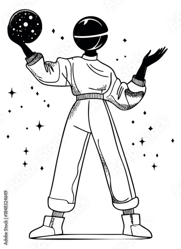 Modern astronaut character with stars and planet hand drawn outline illustration