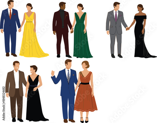 Couples, formal, fashion, suit, gown, dress, event, wedding, prom, gala, diversity, style, illustration, vector, elegant, attire, standing, colorful, celebration, pose