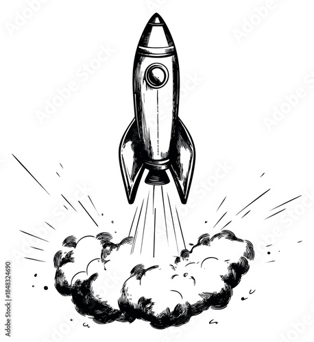Vintage rocket launch illustration with smoke and flames hand drawn sketch vector illustration