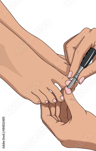 Close-up of hands applying nail polish to a bare foot with light skin tone