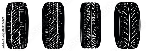 Tire icon set with four tread patterns hand drawn sketch vector illustration