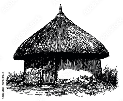 Vintage hut illustration with thatched roof hand drawn sketch vector illustration