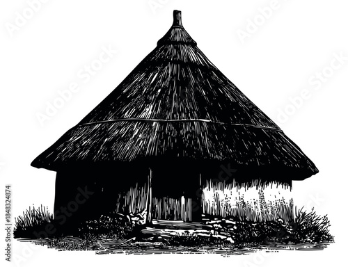 Vintage hut illustration with thatched roof black and white sketch vector illustration