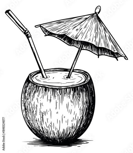 Vintage coconut drink illustration with straw and umbrella hand drawn outline illustration