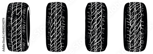 Black tire icon set with tread patterns hand drawn sketch vector illustration