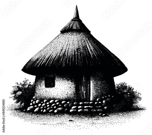 Vintage round hut illustration with thatched roof black and white dotwork vector illustration
