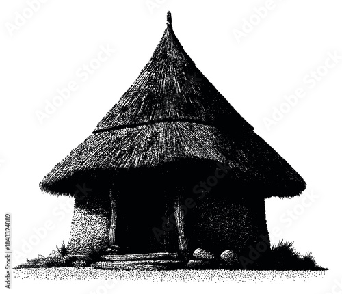 Vintage hut illustration with thatched roof hand drawn sketch vector illustration