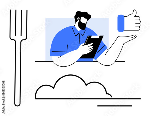 Restaurant reviews, dining apps, customer feedback, digital menus, culinary services, online ratings. A person holding a tablet, a thumbs-up icon fork and cloud element. Restaurant reviews