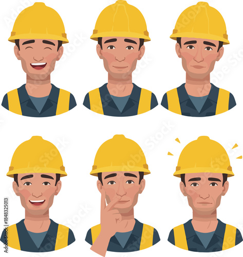 Construction Worker Avatar Collection Yellow Hard Hat Blue Vest Various Emotions