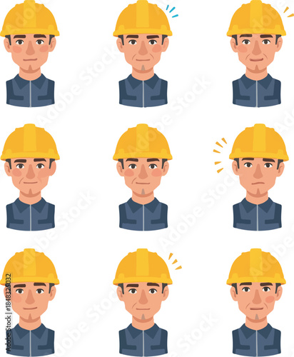 Construction Worker Avatar Icons with Yellow Hard Hat and Blue Jacket Expressing Emotions