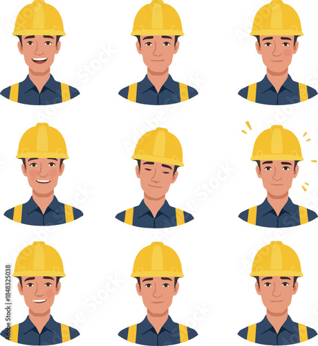 Construction Worker Avatars Yellow Hard Hat Blue Shirt Diverse Emotions Flat Design