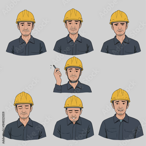Construction Worker Emotions Yellow Hard Hat Blue Shirt Sad Happy Neutral Pixel Art