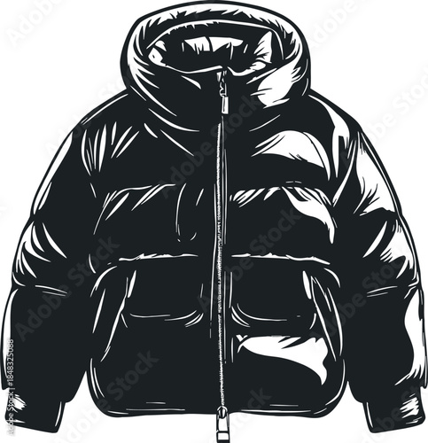 Puffer jacket icon black and white line art