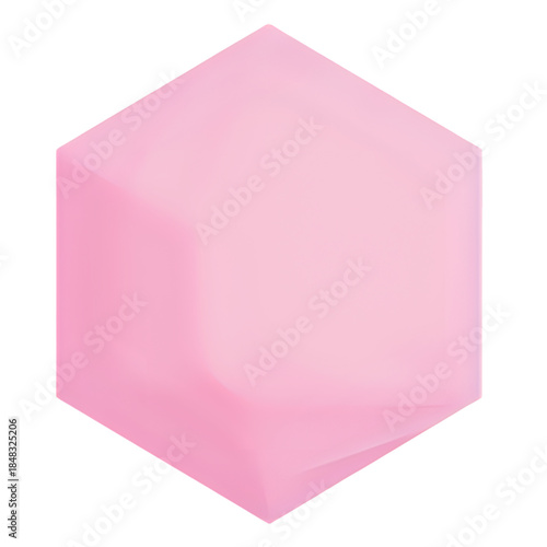 A pink hexagonal object is viewed from a slight angle against a white background