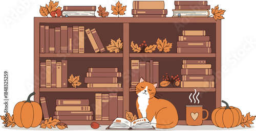 Cozy Autumn Bookshelf with Orange Cat and Pumpkins