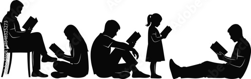 Silhouette, reading, people, books, education, learning, posture, child, adult, sitting, standing, black, minimal, timeless, study, knowledge, illustration, vector, casual, activity, focus