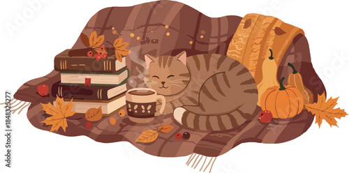 Cozy Autumn Cat Napping With Books And Hot Drink On Blanket