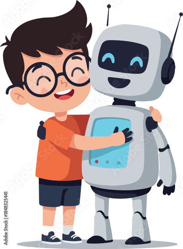 Cute Boy Hugging Friendly Robot Cute Vector Illustration