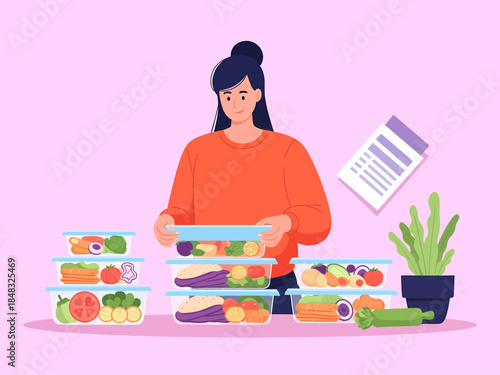 Flat Healthy Meal Prep Planning Illustration