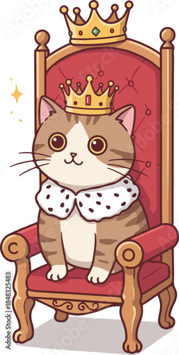 Cute Cat King Sitting On Ornate Red Throne Wearing Golden Crown And Royal Cape