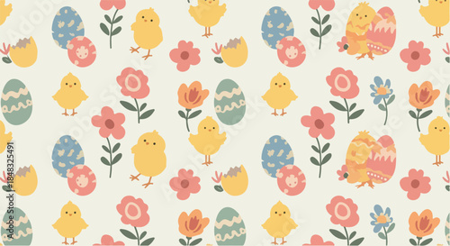 Cute Easter Chicks And Eggs Pattern Soft Pastel Yellow Chicks Flowers