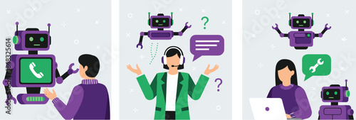 Human and Robot Interaction in Customer Support – AI Assistance, Troubleshooting, and Technical Help Illustrated in Three-Panel Vector Scene