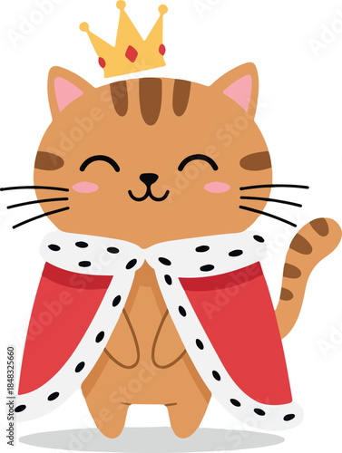 Cute King Cat Cartoon Vector Wearing Crown and Royal Cape Isolated