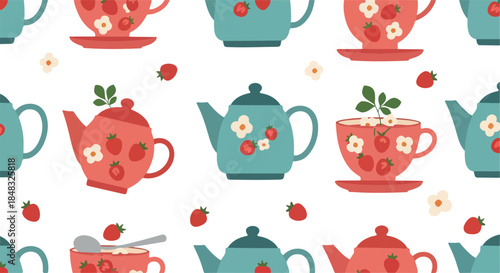 Cute Strawberry Teapot Pattern Pixel Art Style Minimalist Illustration