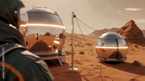 Futuristic Mars Exploration - Astronauts and Advanced Space Vehicles on Red Planet.