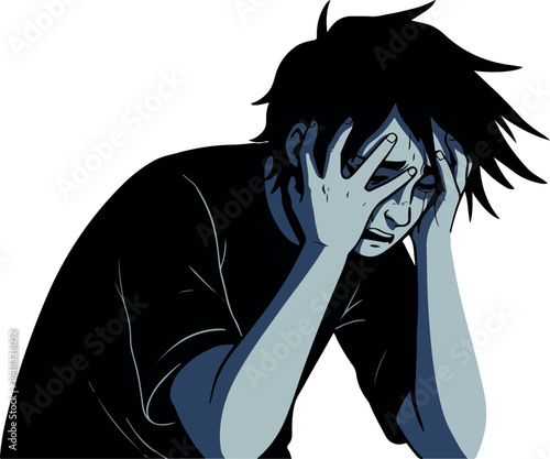 Distressed Man In Black Shirt Holding Head In Despair Minimal Illustration