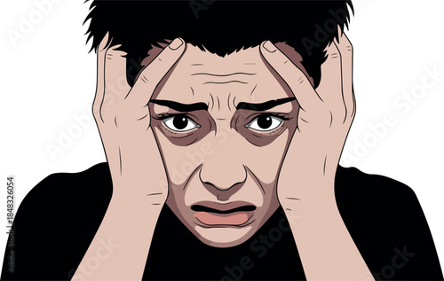 Distressed Person Holding Head in Despair with Intense Eyes White Background Minimal Illustration