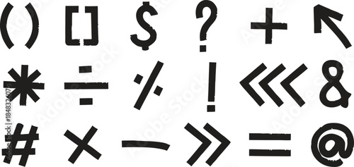 Vector Hand Drawn Symbol and Punctuation Set. Black Marker Sketch Icons including Math, Currency, and Grammar Signs. Isolated Comic Style Design Elements for Creative Typography.