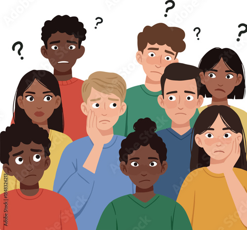 Diverse Group Confused People Asking Questions White Background Flat Design