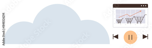 Cloud backdrop with graph showing growing e-commerce trends, shopping carts, and playback controls. Ideal for analytics, cloud storage, data, e-commerce, technology, progress digital business