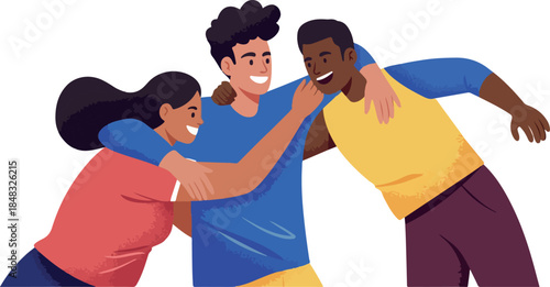 Diverse Friends Hugging Joyfully Flat Illustration