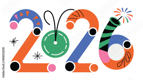 New Year Design: A vibrant graphic design celebrating the arrival of the new year, filled with playful shapes and festive elements, inviting anticipation and joy.