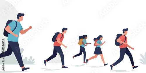 Diverse Group Hiking with Backpacks White Background Flat Minimalist Illustration