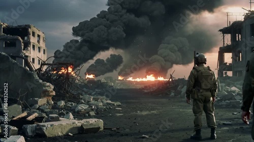 A group of soldiers watch as flames and thick smoke billow from a war zone filled with collapsed buildings.