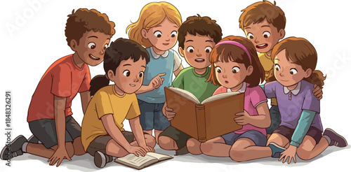 Diverse Kids Reading Book Together Animated Style