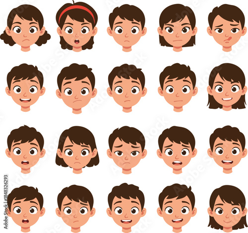 Diverse Kids Express Emotions Flat Design Vector Set