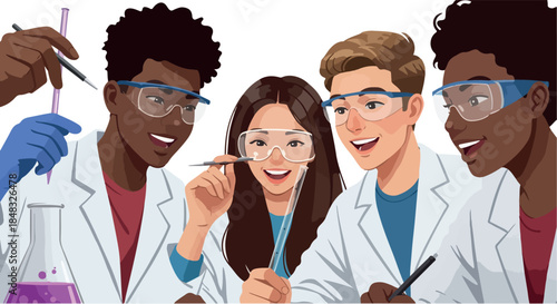 Diverse Students in Lab Coats Conduct Science Experiment with Beaker