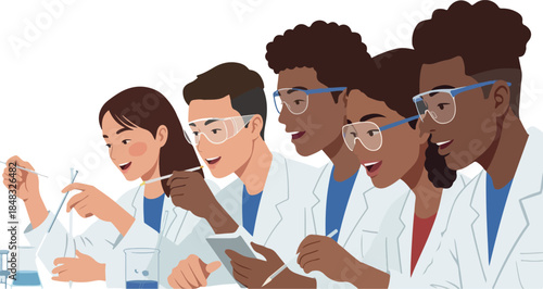 Diverse Students in Lab Coats Conducting Science Experiments with Beakers and Tablets
