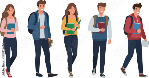 Diverse Students Walking With Books Backpacks Casual Outfits Isolated Flat Design