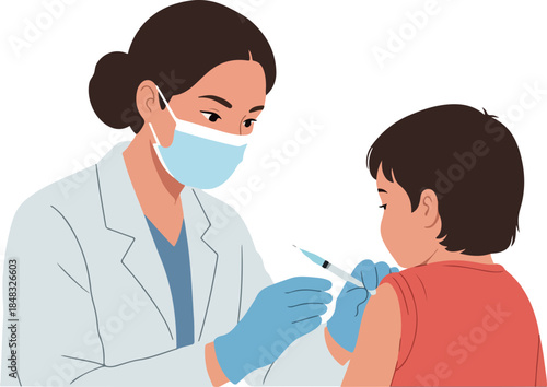 Doctor Vaccinating Child Flat Design Illustration Blue Background
