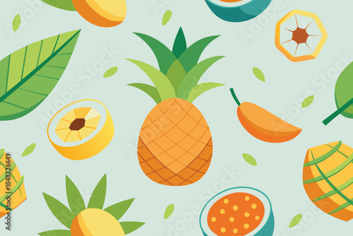 Bright tropical seamless vector pattern with pineapples, citrus fruits, and lush leaves. Perfect for summer campaigns, healthy lifestyle visuals, food blogs, packaging, and decorative backgrounds.